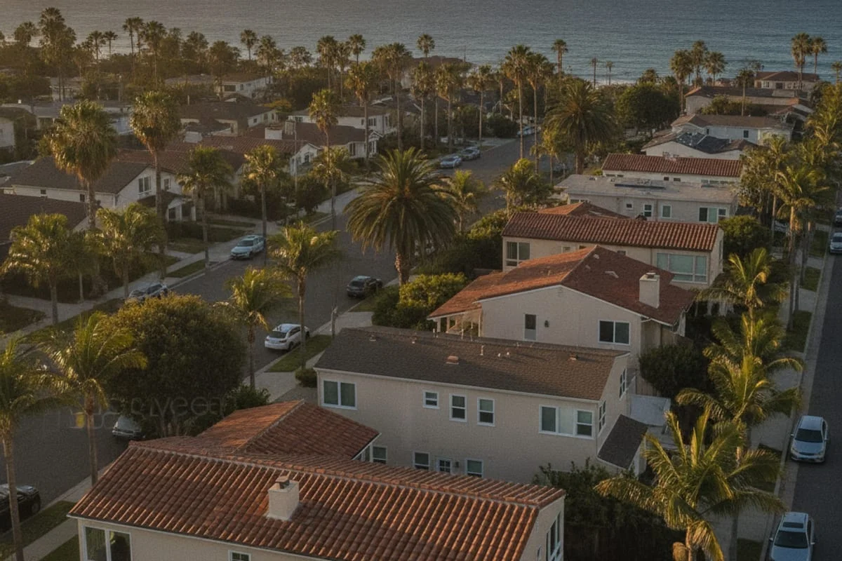 Aerial view of San Diego County coastline at sunset showing coastal and inland neighborhoods served by Pane Pro SD.
