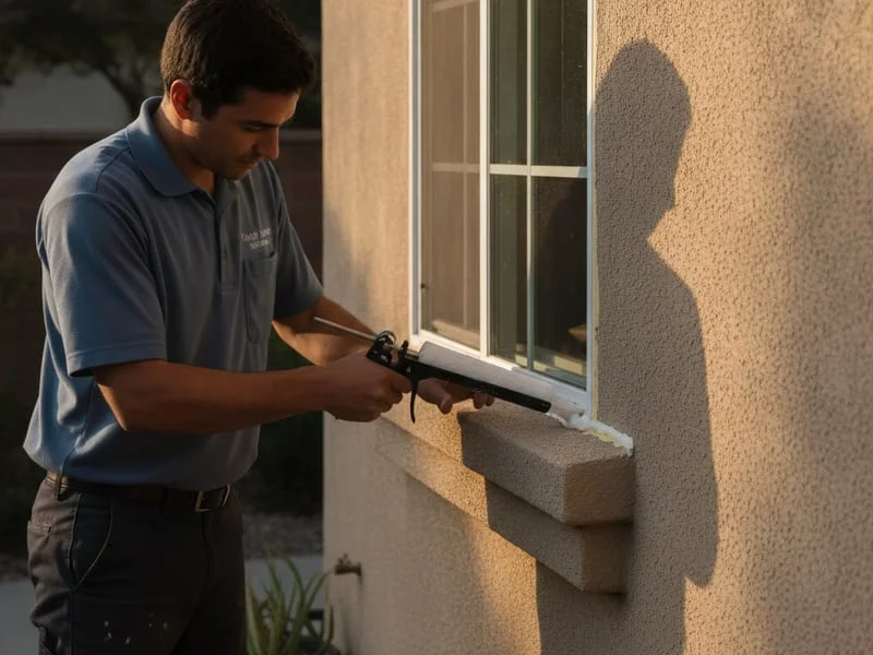 Fresh caulk along the edge of a window frame on stucco