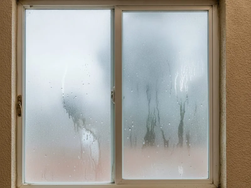 Close view of cloudy glass with moisture trapped inside a double pane