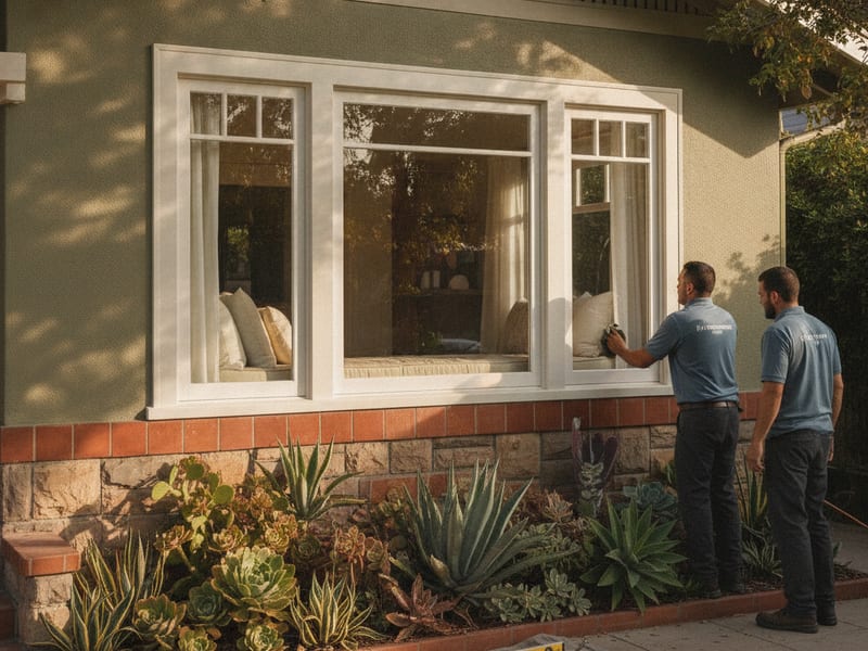 Three-section bay window projecting from the front of a San Diego house