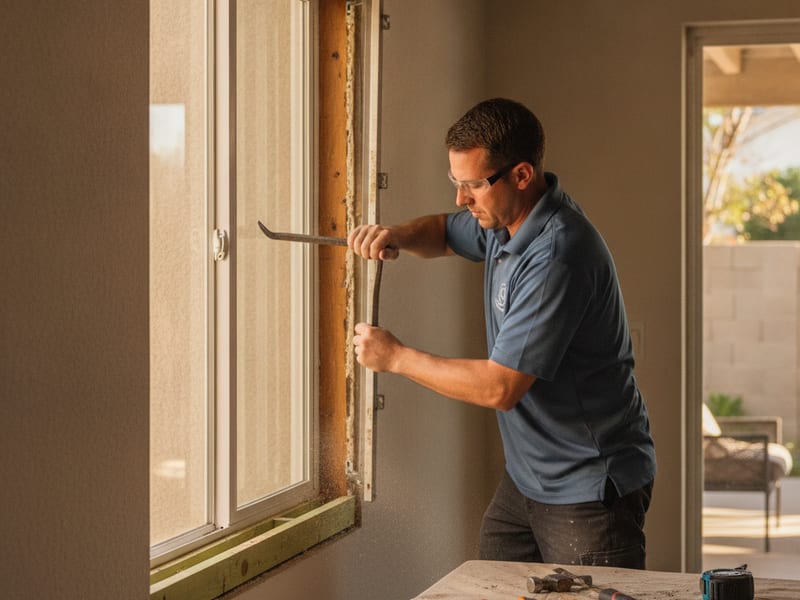 Old aluminum window frame removed so a new unit can be set in a San Diego wall opening