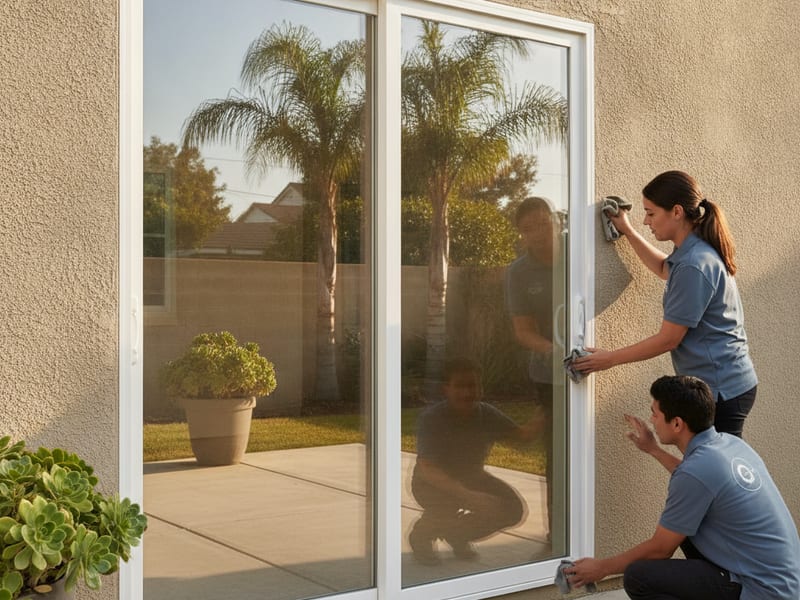 Exterior sliding glass door opening from a San Diego house to a patio