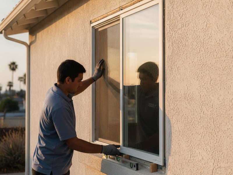 New window unit being set inside an existing frame in a San Diego house