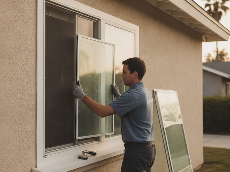 Contractor inspecting a fogged house window and its hardware