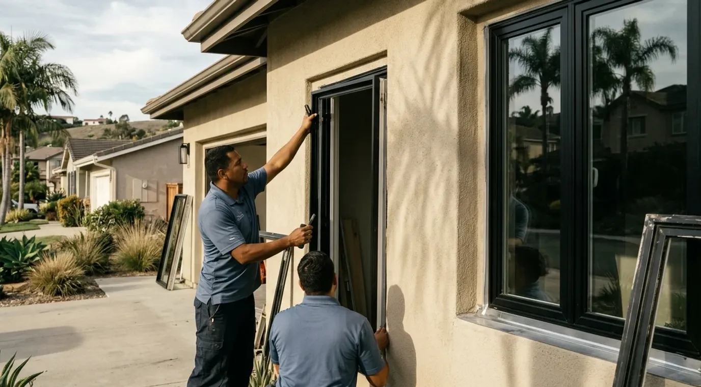 Two workers setting a tall black frame into a stucco wall, with other black-framed windows already in place and old frames leaning nearby.