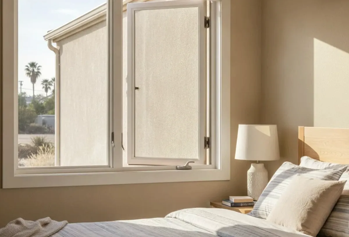 A white casement cranked open beside a bed, with a second pane and palm trees outside.