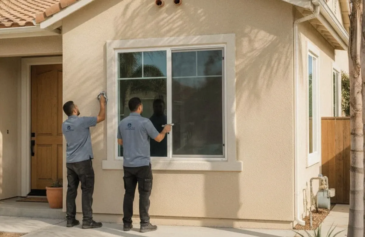 Two workers in gray shirts at a white sliding window on beige stucco, one wiping the trim and one holding a small tool.