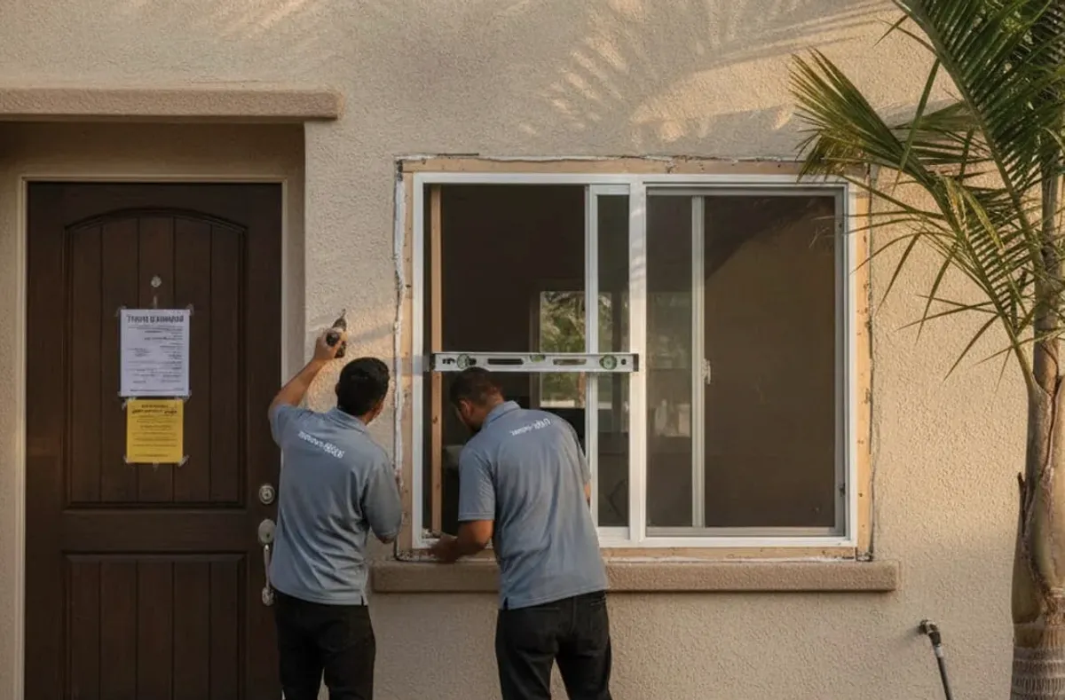 Two workers setting a white window beside a front door that has a printed notice taped to it.