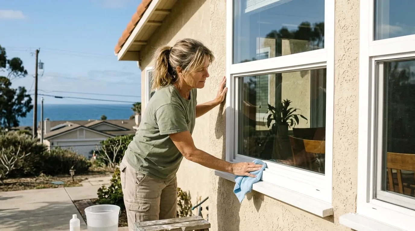 A woman wiping a white window on a stucco house, with the ocean visible past the roof.
