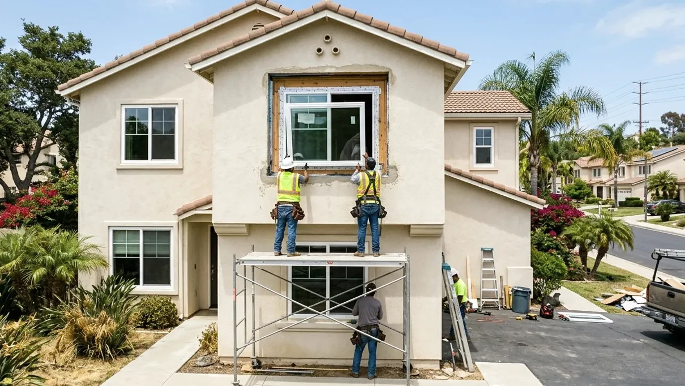 Workers on scaffolding setting a window into an opened second-story wall of a two-story stucco house.
