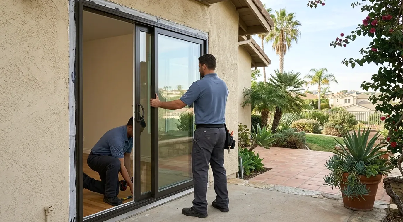 Two workers fitting a dark-framed sliding glass door, one standing at the panel and one kneeling at the track, with a patio and palms behind them.