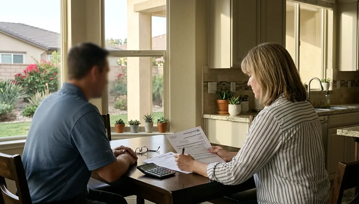 A homeowner at a kitchen table reading a printed quote, with another person seated across from her.
