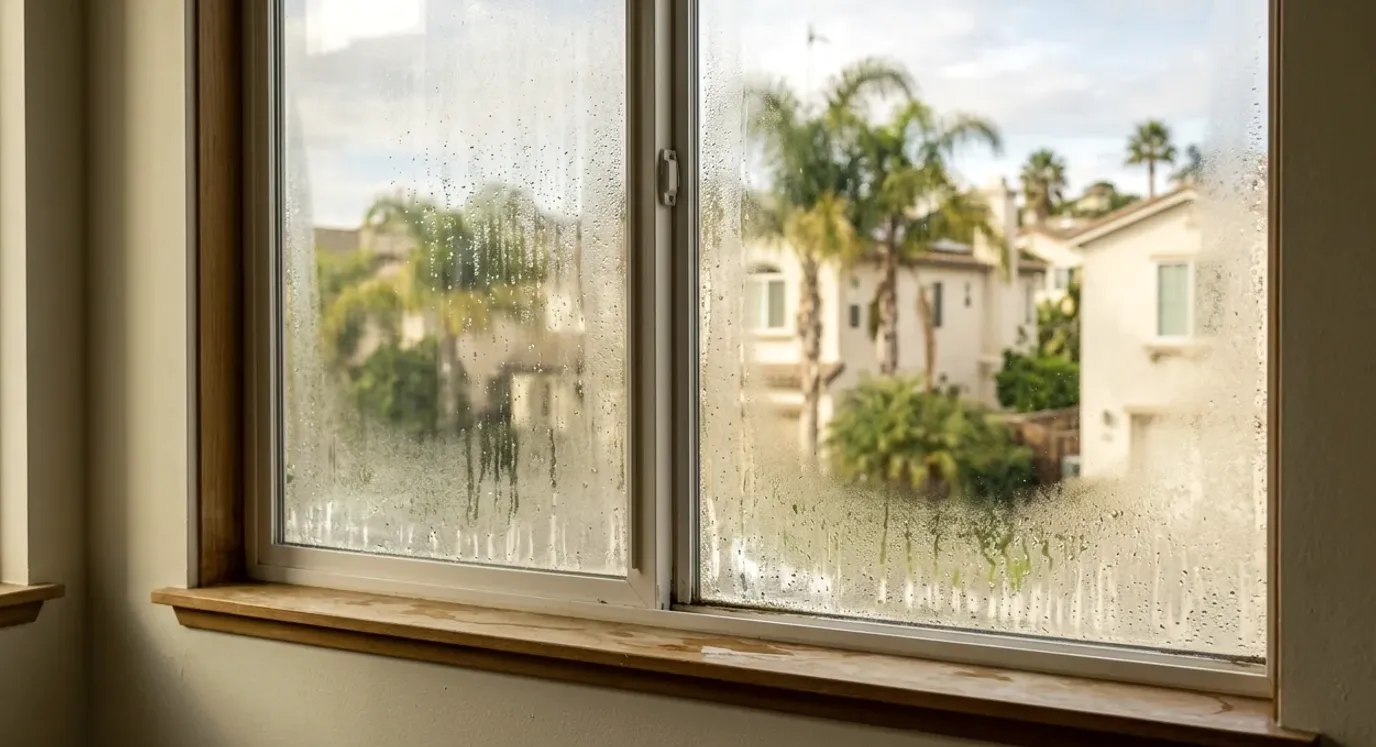 Water droplets covering the inside of a white window, with houses and palms blurred outside.