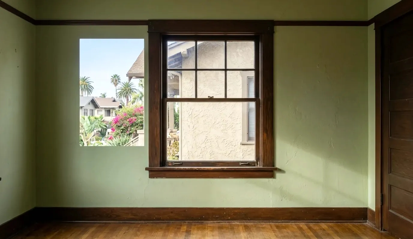 A wood double-hung in a pale green room with the lower sash missing, looking out on palms and a stucco house.